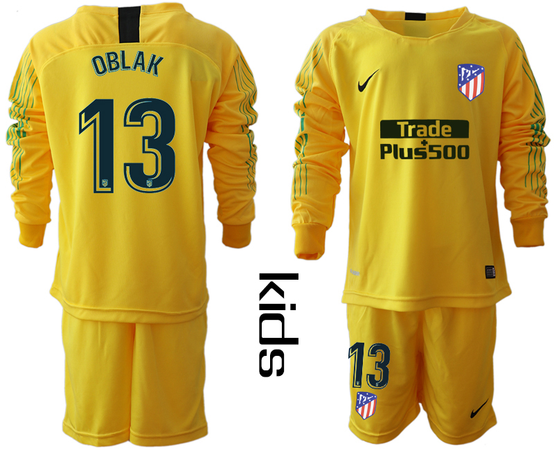 2018_2019 Club Atletico Madrid yellow goalkeeper long sleeve Youth #13 soccer jerseys